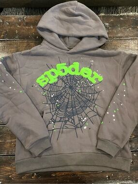 Sp5der Gray Hoodie Sweatshirt with Neon Green Graphic